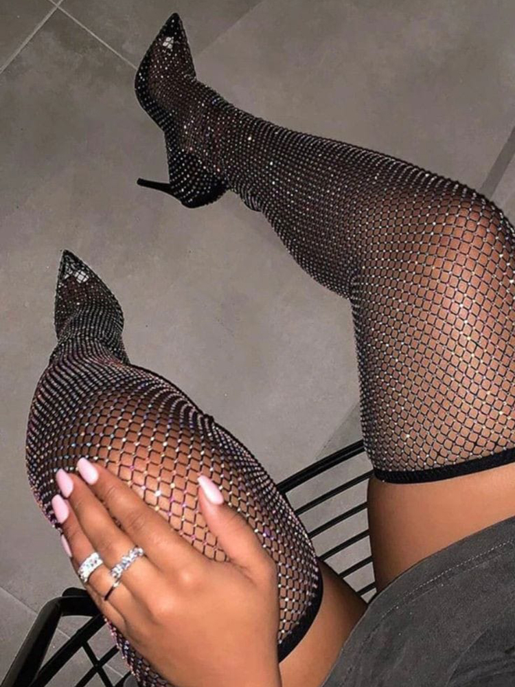 Fishnet Hollow Out Rhinestone Over Knee Heel Boots