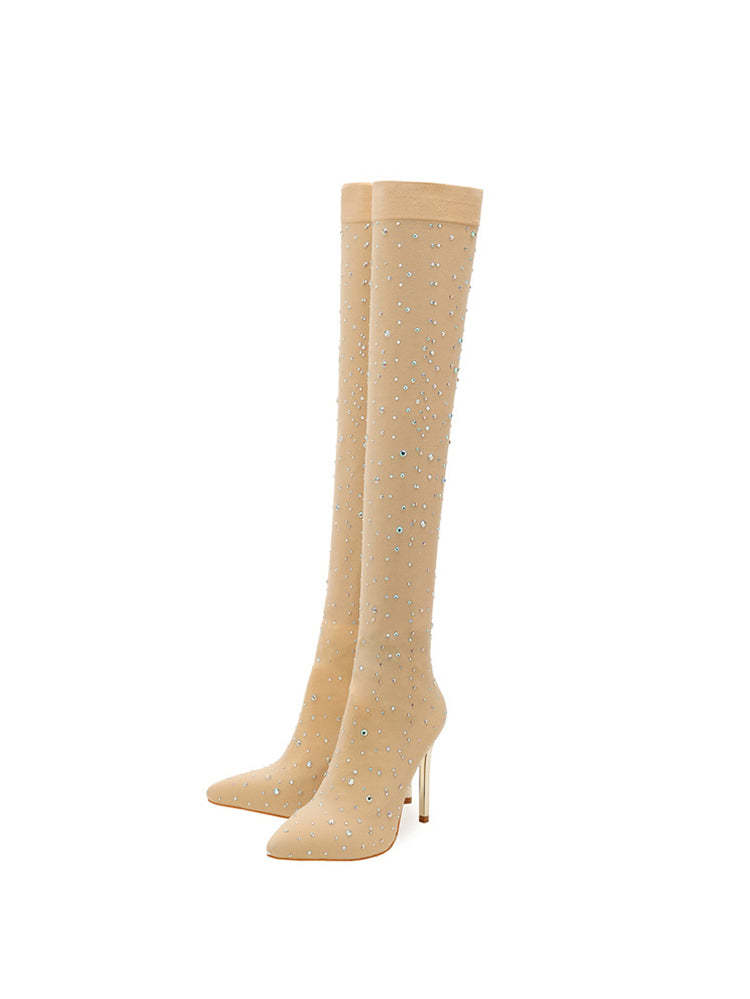 Rhinestone Embellished Stretch Mesh Boots
