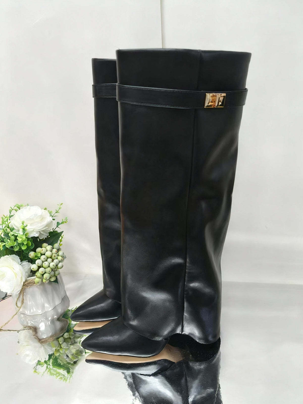 Metal Buckle Pointed Toe Knee High Boots