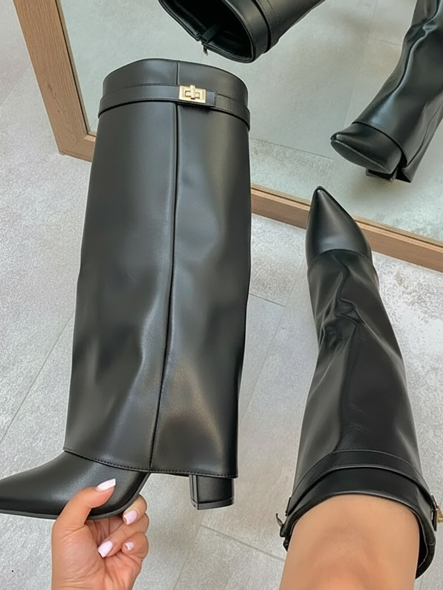 Pointed Toe Knee High Boots with Metal Buckle | Women��s Boots