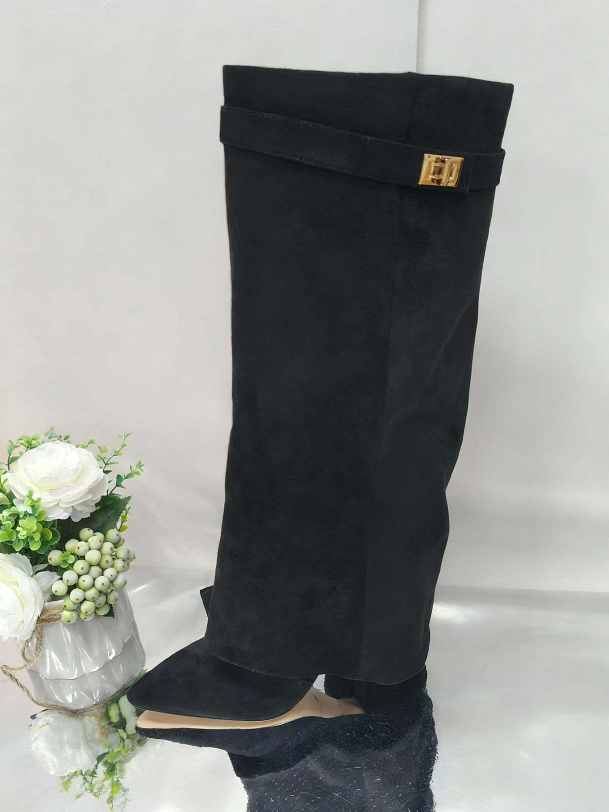 Metal Buckle Pointed Toe Knee High Boots