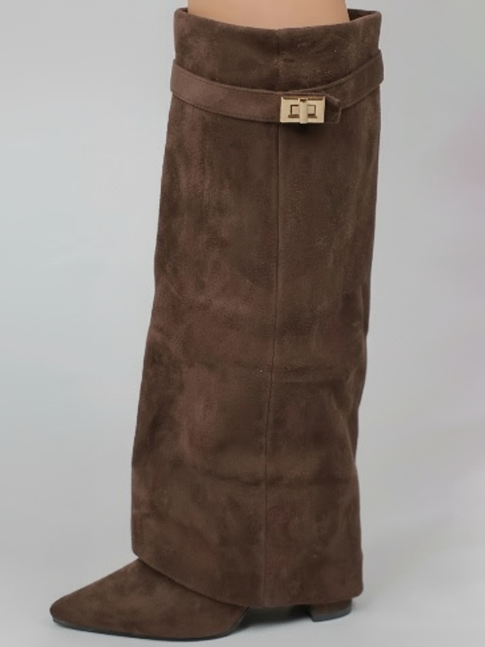 Metal Buckle Pointed Toe Knee High Boots