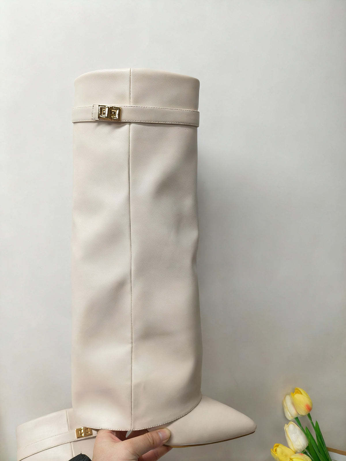 Metal Buckle Pointed Toe Knee High Boots