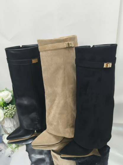 Metal Buckle Pointed Toe Knee High Boots