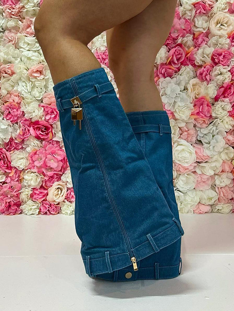 Western Platform Wedge Denim Boots