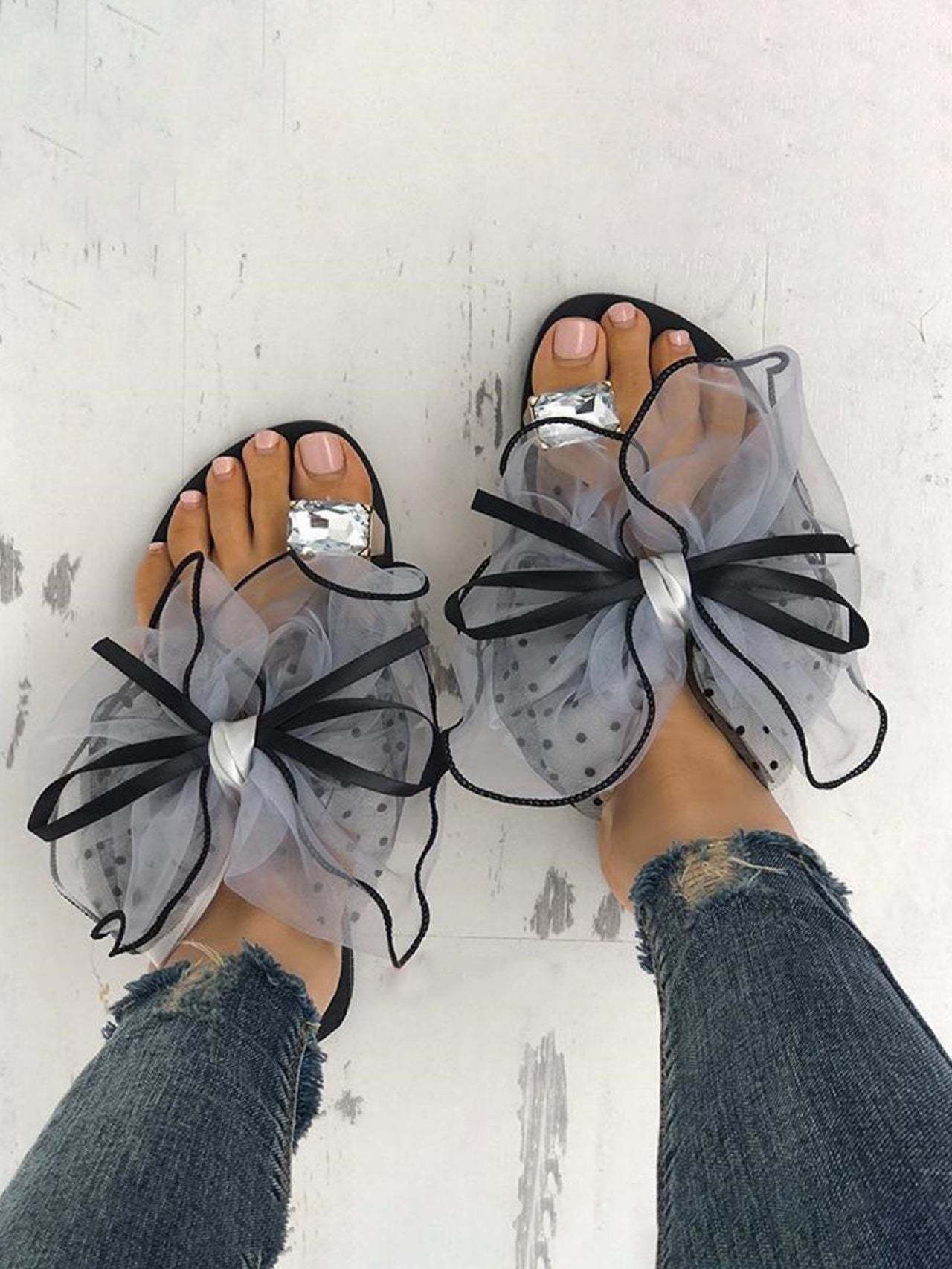 Bow Rhinestone Flat Slipper