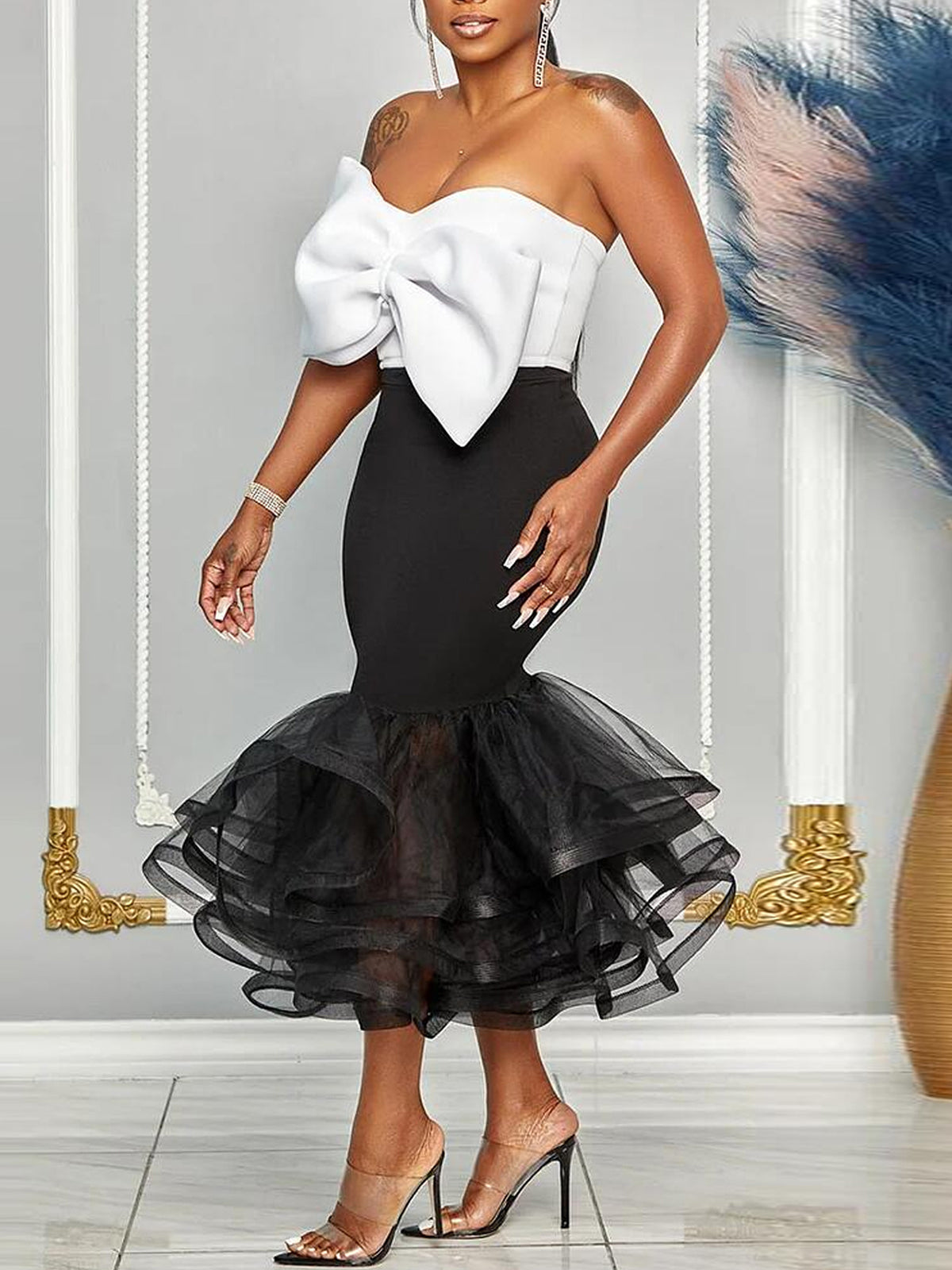 Bow Tie Top Ruffle Hem Mermaid Skirt Set