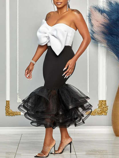 Bow Tie Top Ruffle Hem Mermaid Skirt Set