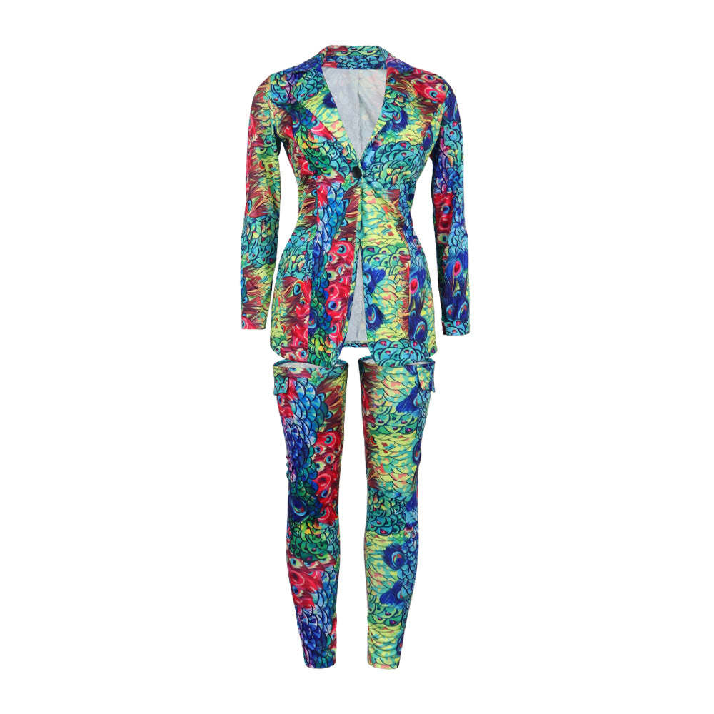 Two Piece Print Jacket High Footless Stockings Set