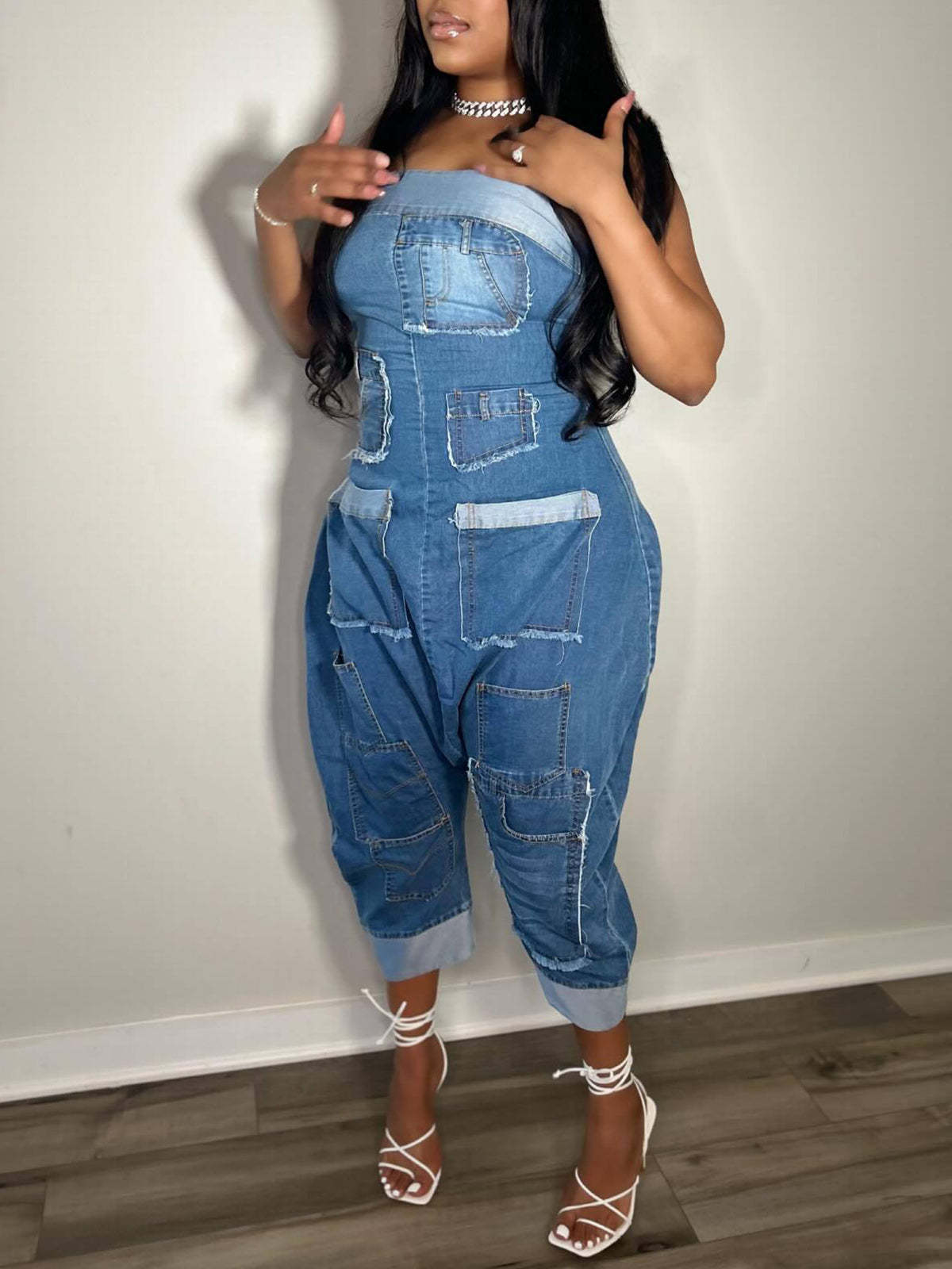 Multiple Pockets Denim Utility Jumpsuit