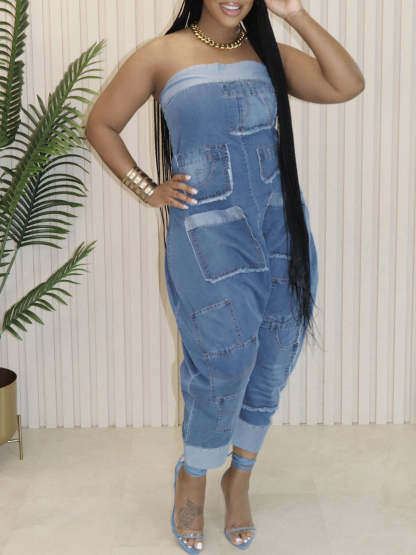 Multiple Pockets Denim Utility Jumpsuit