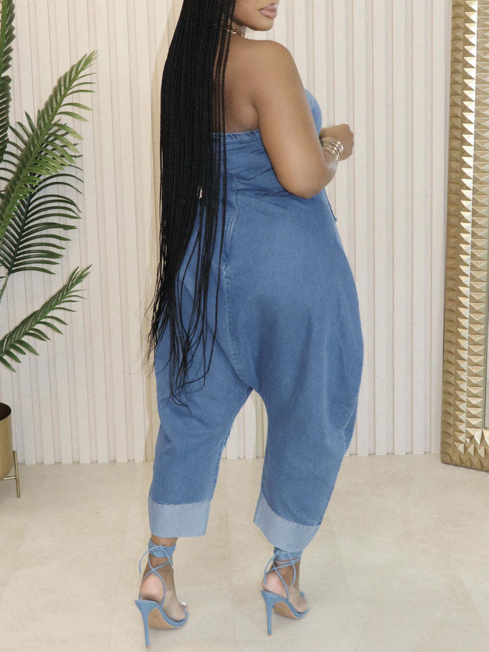 Multiple Pockets Denim Utility Jumpsuit