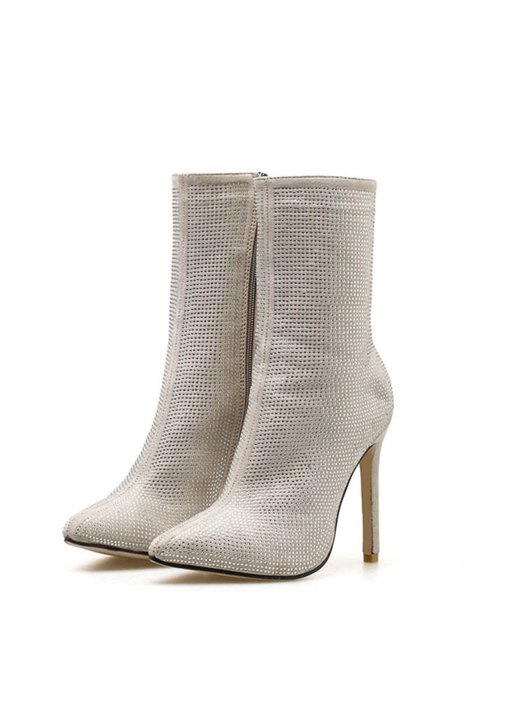Rhinestone Zipper Heel Ankle Boots