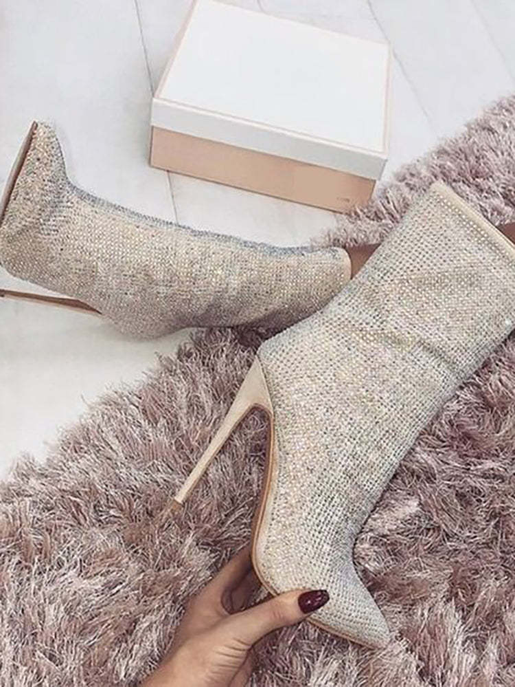 Rhinestone Zipper Heel Ankle Boots