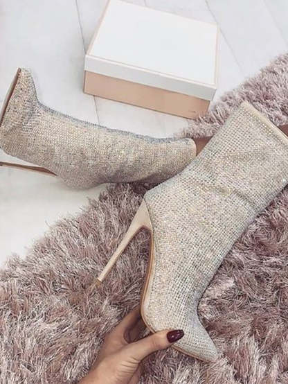 Rhinestone Zipper Heel Ankle Boots