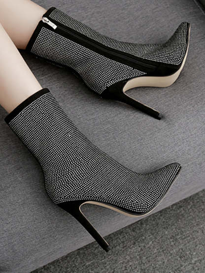 Rhinestone Zipper Heel Ankle Boots