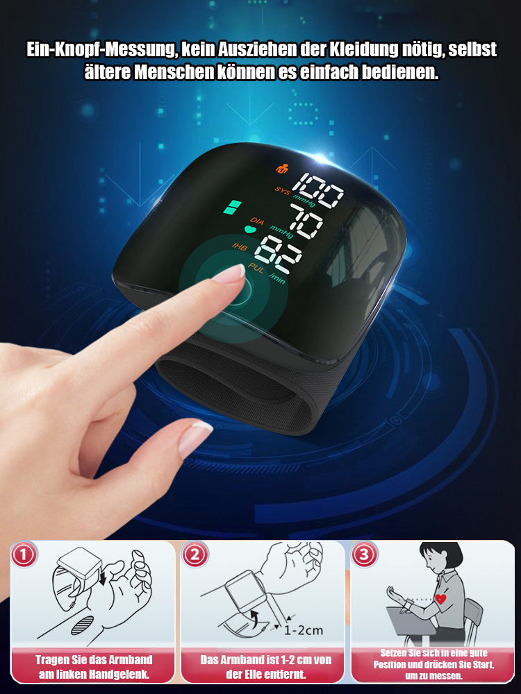 【Sprachgesteuerter Großbildschirm】Vollautomatisches Handgelenk-Blutdruckmessgerät, Alle Werte auf einen Blick! 💢Schnelle und präzise Messung per Knopfdruck. Die Manschette passt sich optimal an und sorgt für höchsten Komfort!☘️