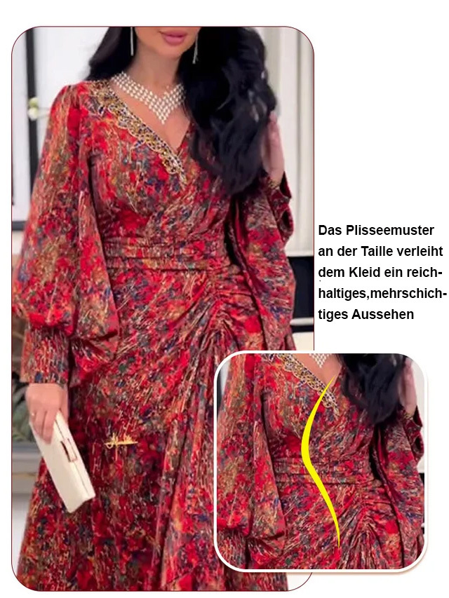 Ein elegantes Kleid, das mit Blumenmustern mit einem V -fälligen Kragen gekennzeichnet ist