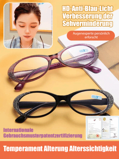 Modische Brille mit Strasssteinen und Schönheitsglaseffekt für ältere Menschen