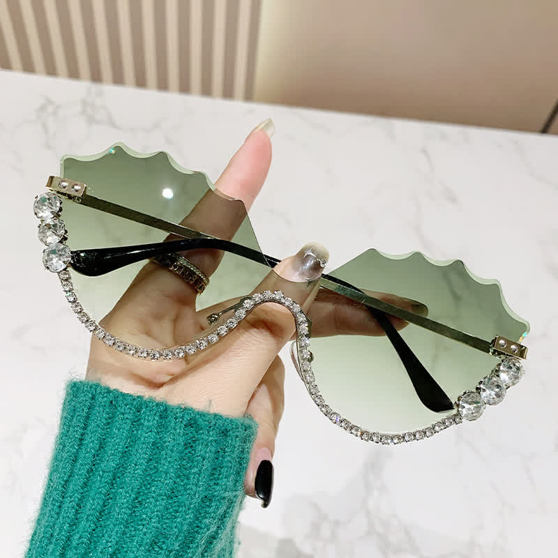 Spykay™ SG60838 Rhinestone Decor Wave Frame Oversized Rimless Sunglasses