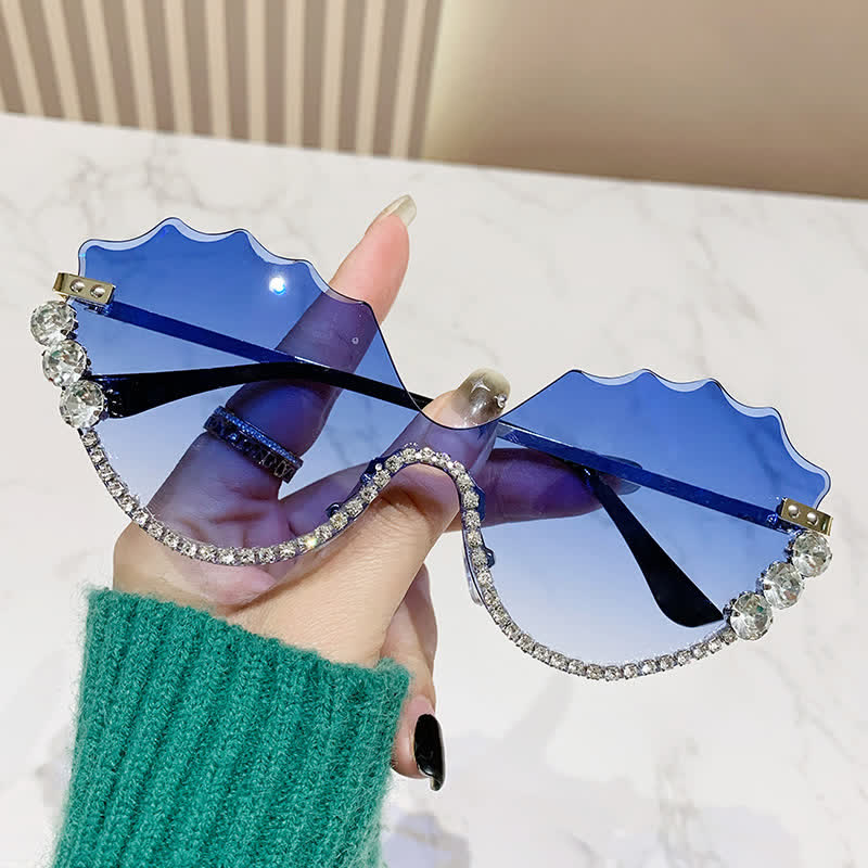 Spykay™ SG60838 Rhinestone Decor Wave Frame Oversized Rimless Sunglasses