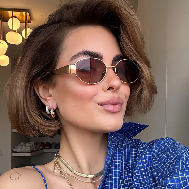 Spykay™ SG60707 Oval Frames Metal Temples Retro-Vinatge Sunglasses - Golden/Brown - image 15