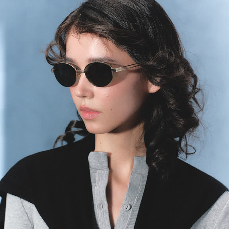 Spykay™ SG60778 Retro Fashion Oval Frame Hollow-out Temples Semi-Rimless Sunglasses with Nylon Lenses