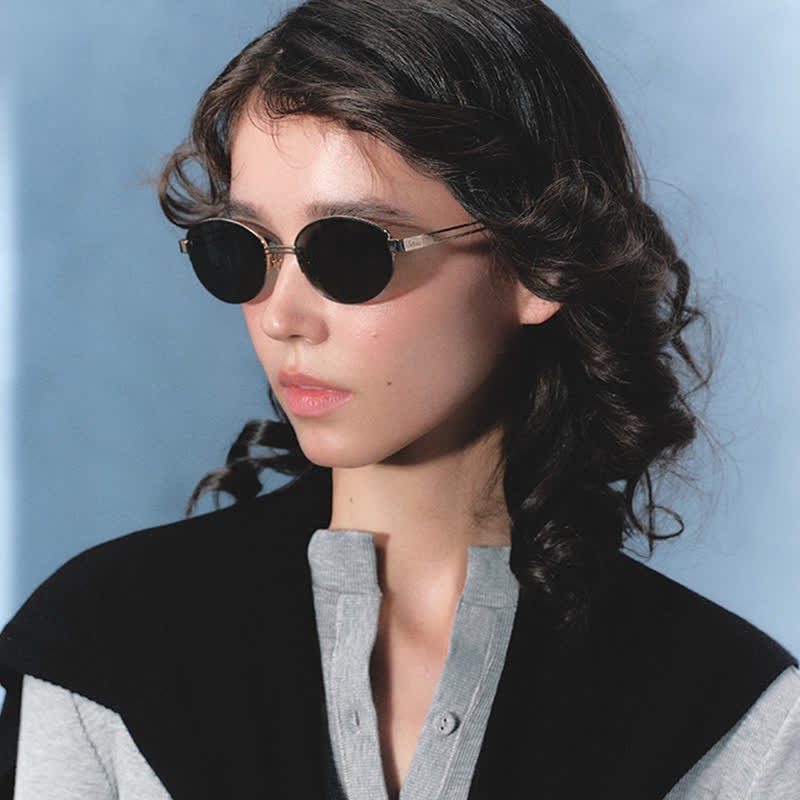 Spykay™ SG60778 Retro Fashion Oval Frame Hollow-out Temples Semi-Rimless Sunglasses with Nylon Lenses