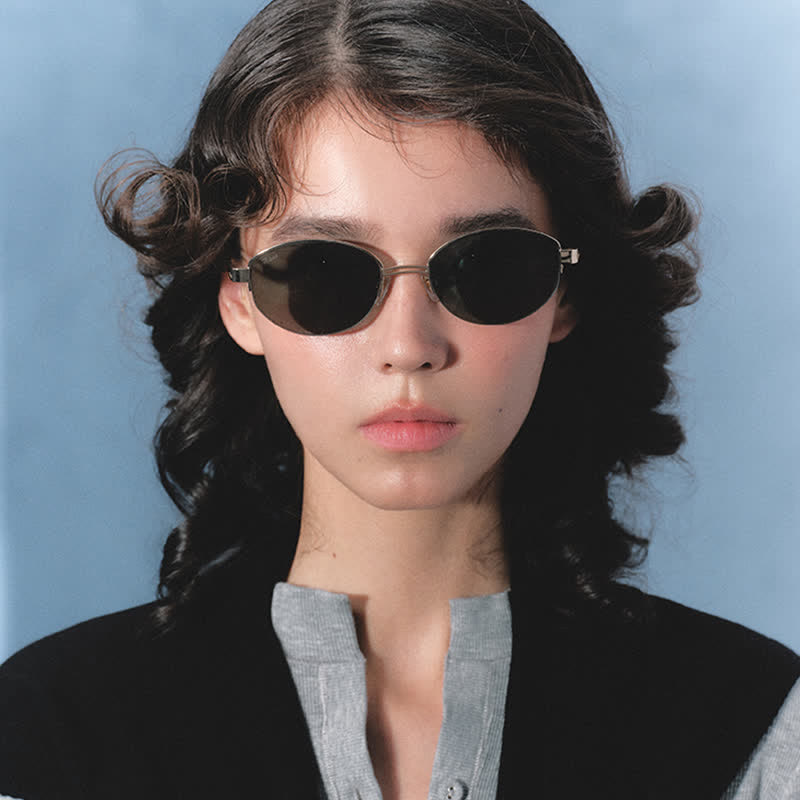 Spykay™ SG60778 Retro Fashion Oval Frame Hollow-out Temples Semi-Rimless Sunglasses with Nylon Lenses