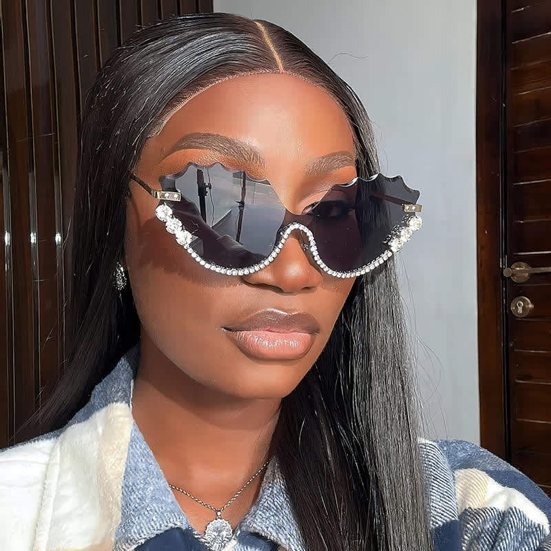 Spykay™ SG60838 Rhinestone Decor Wave Frame Oversized Rimless Sunglasses