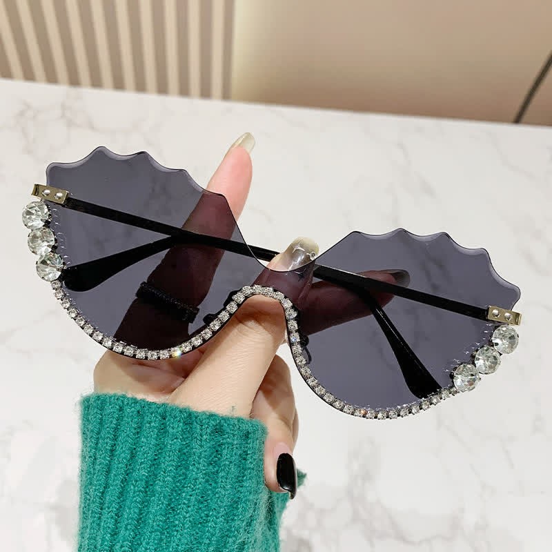 Spykay™ SG60838 Rhinestone Decor Wave Frame Oversized Rimless Sunglasses