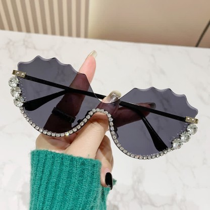 Spykay™ SG60838 Rhinestone Decor Wave Frame Oversized Rimless Sunglasses