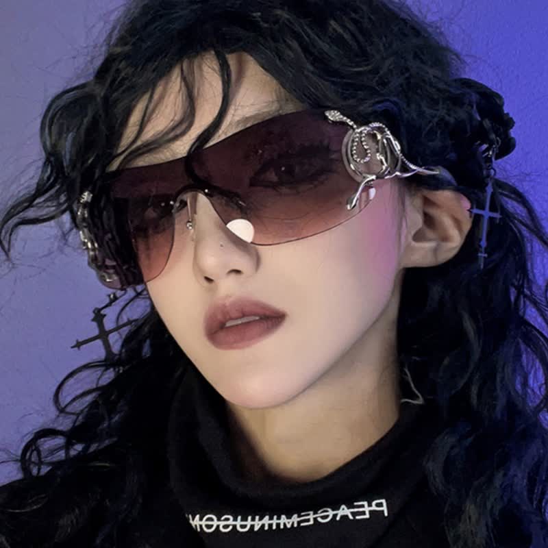 Spykay™ SG60904 Snake Design Temples One-piece Rimless Y2K Sunglasses