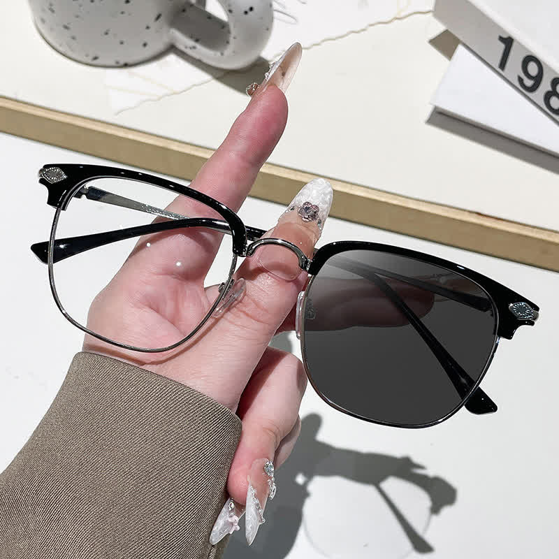 Spykay™ SG60994 Unisex Retro Square Frame Anti-blue Light Browline Photochromic Sunglasses - Black/Silver - image 1