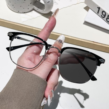 Spykay™ SG60994 Unisex Retro Square Frame Anti-blue Light Browline Photochromic Sunglasses - Black/Silver - image 1