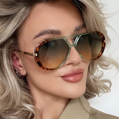 Spykay™ SG60737 Double Bridges Tortoiseshell Oval Frame Sunglasses - Leopard Print/Green - image 1