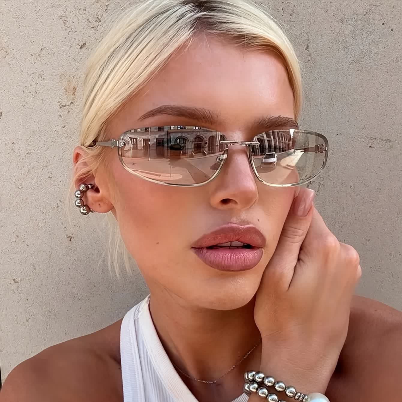 Spykay™ SG60683 Y2K Oval Frame Rimless Sunglasses - Silver - image 1