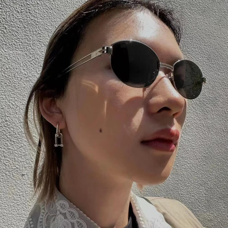 Spykay™ SG60778 Retro Fashion Oval Frame Hollow-out Temples Semi-Rimless Sunglasses with Nylon Lenses