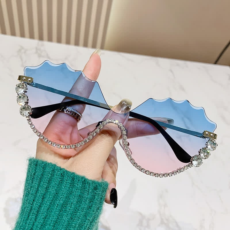 Spykay™ SG60838 Rhinestone Decor Wave Frame Oversized Rimless Sunglasses