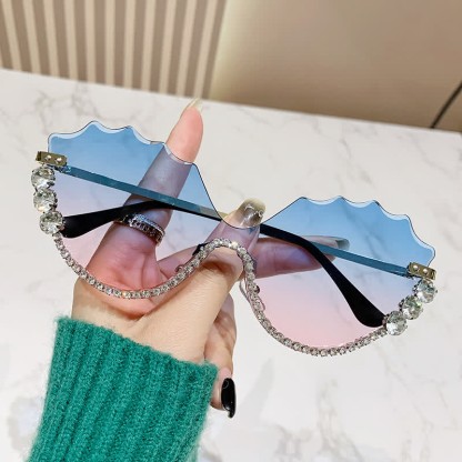 Spykay™ SG60838 Rhinestone Decor Wave Frame Oversized Rimless Sunglasses