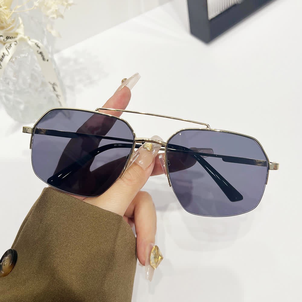 Spykay™ SG61052 Trendy Retro Semi-Rimless Double Bridges Aviator Sunglasses - Golden/Grey - image 5