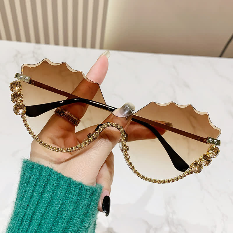 Spykay™ SG60838 Rhinestone Decor Wave Frame Oversized Rimless Sunglasses