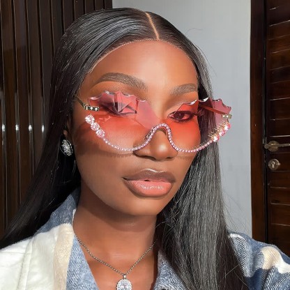 Spykay™ SG60838 Rhinestone Decor Wave Frame Oversized Rimless Sunglasses