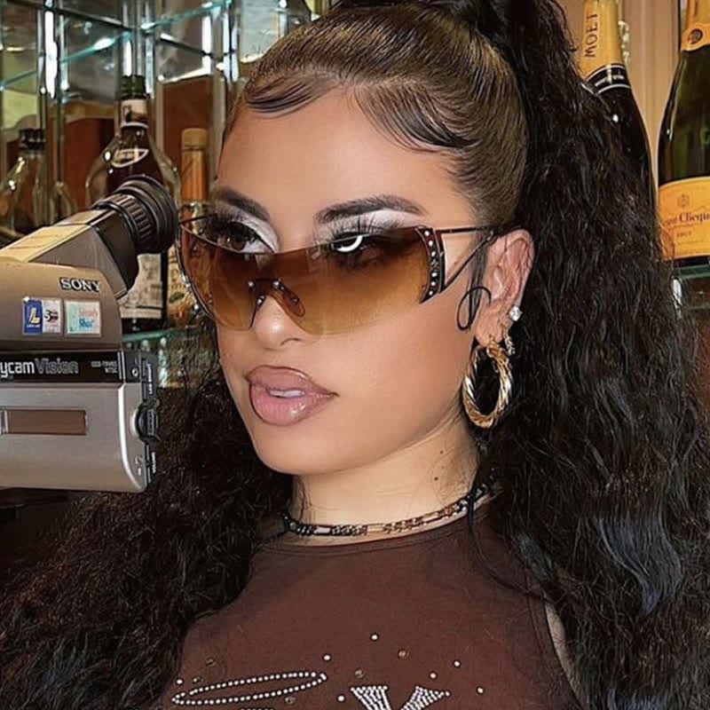 Spykay™ SG60852 Y2K Vintage Rhinestone Decor One-piece Rimless Hipster Sunglasses
