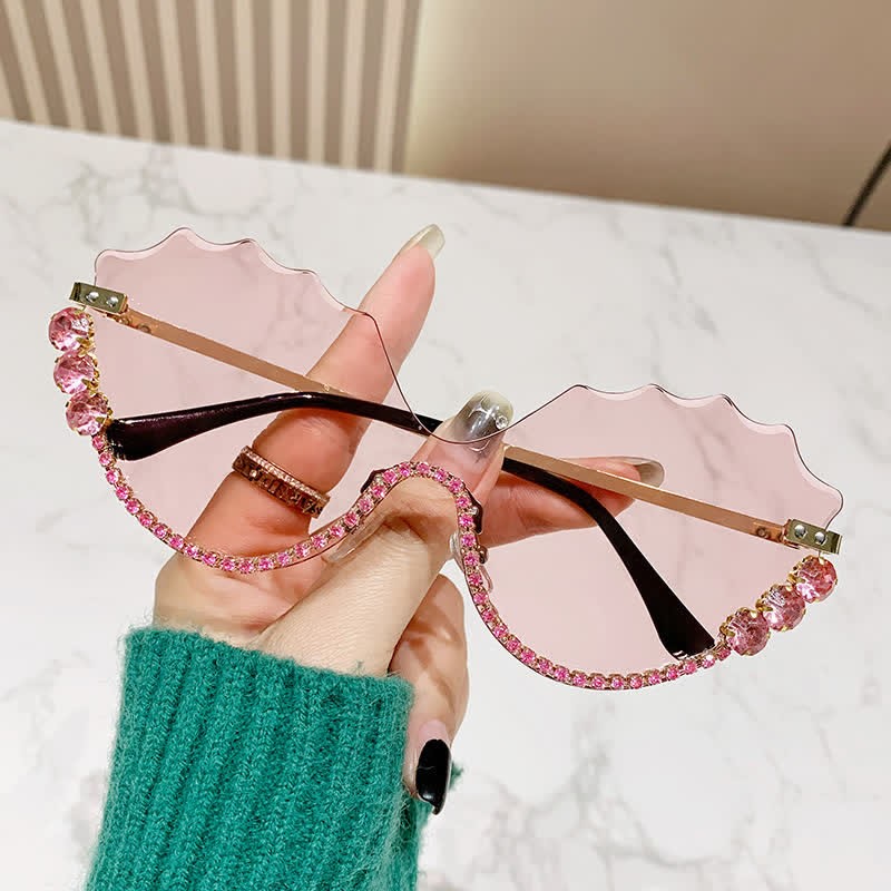 Spykay™ SG60838 Rhinestone Decor Wave Frame Oversized Rimless Sunglasses