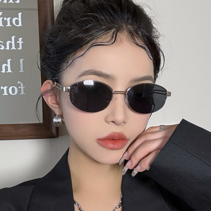 Spykay™ SG60778 Retro Fashion Oval Frame Hollow-out Temples Semi-Rimless Sunglasses with Nylon Lenses