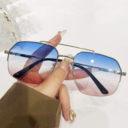 Spykay™ SG61052 Trendy Retro Semi-Rimless Double Bridges Aviator Sunglasses - Golden/Blue+Pink - image 9