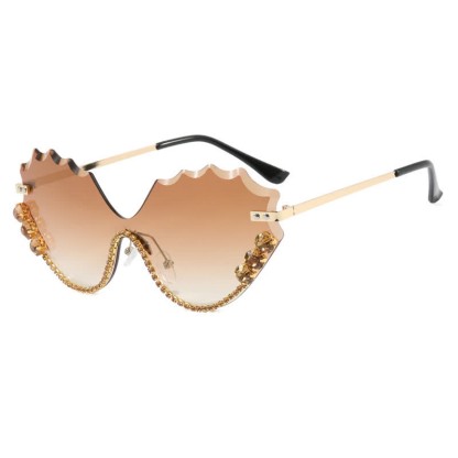 Spykay™ SG60838 Rhinestone Decor Wave Frame Oversized Rimless Sunglasses