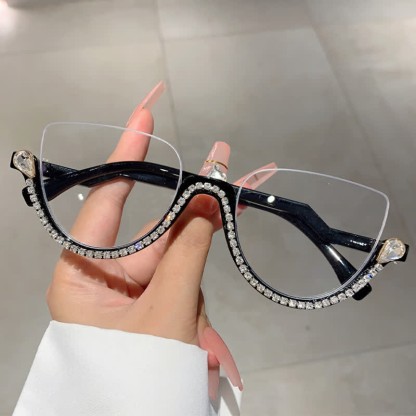 Spykay™ EG26687 Cat-Eye Frame Rhinestone Decor Semi-Rimless Glasses - Black - image 13