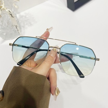 Spykay™ SG61052 Trendy Retro Semi-Rimless Double Bridges Aviator Sunglasses - Golden/Blue+Yellow - image 7